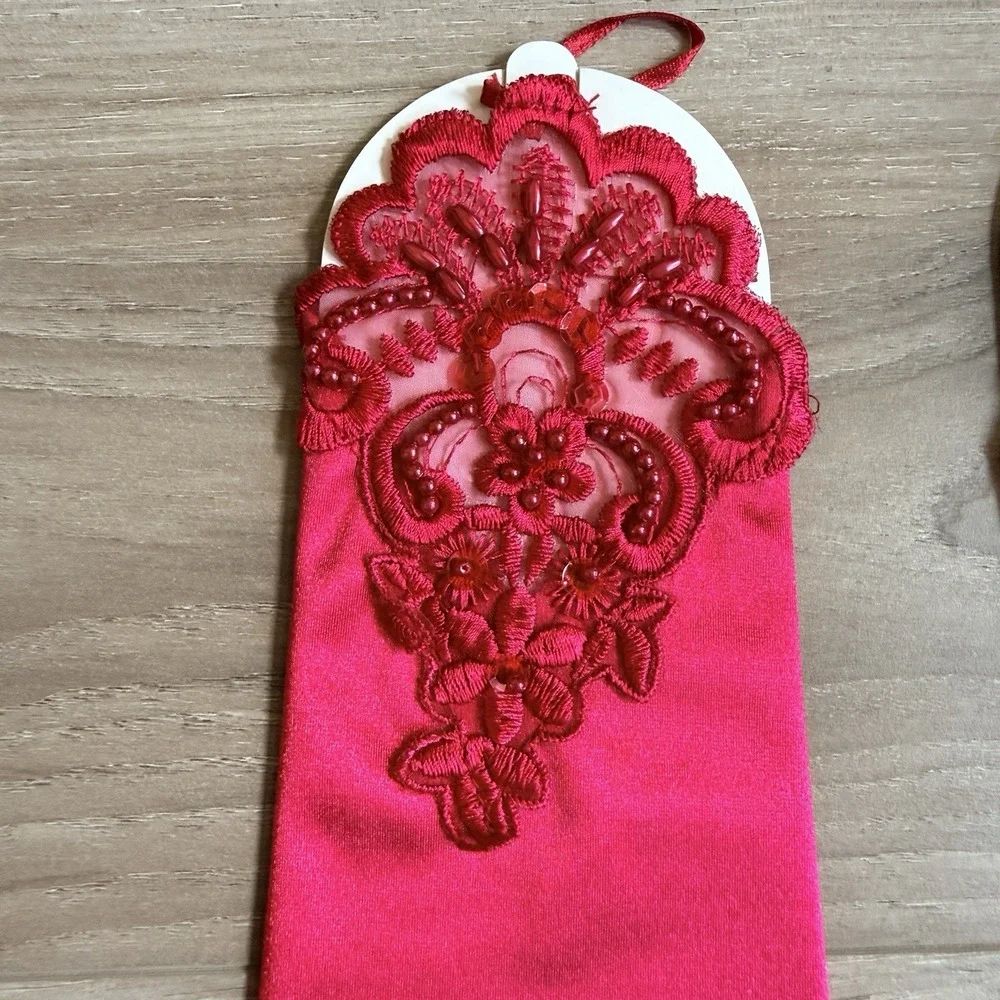 Red Satiny Opera Gloves Lace and Sequin Formal Evening Party